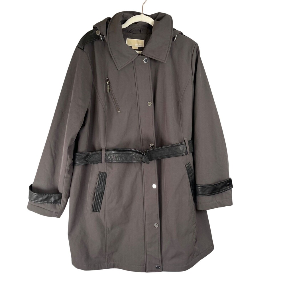 Michael Kors Trench Coat Womens 2X Gray Black‎ Faux Leather Trim Belt Hood